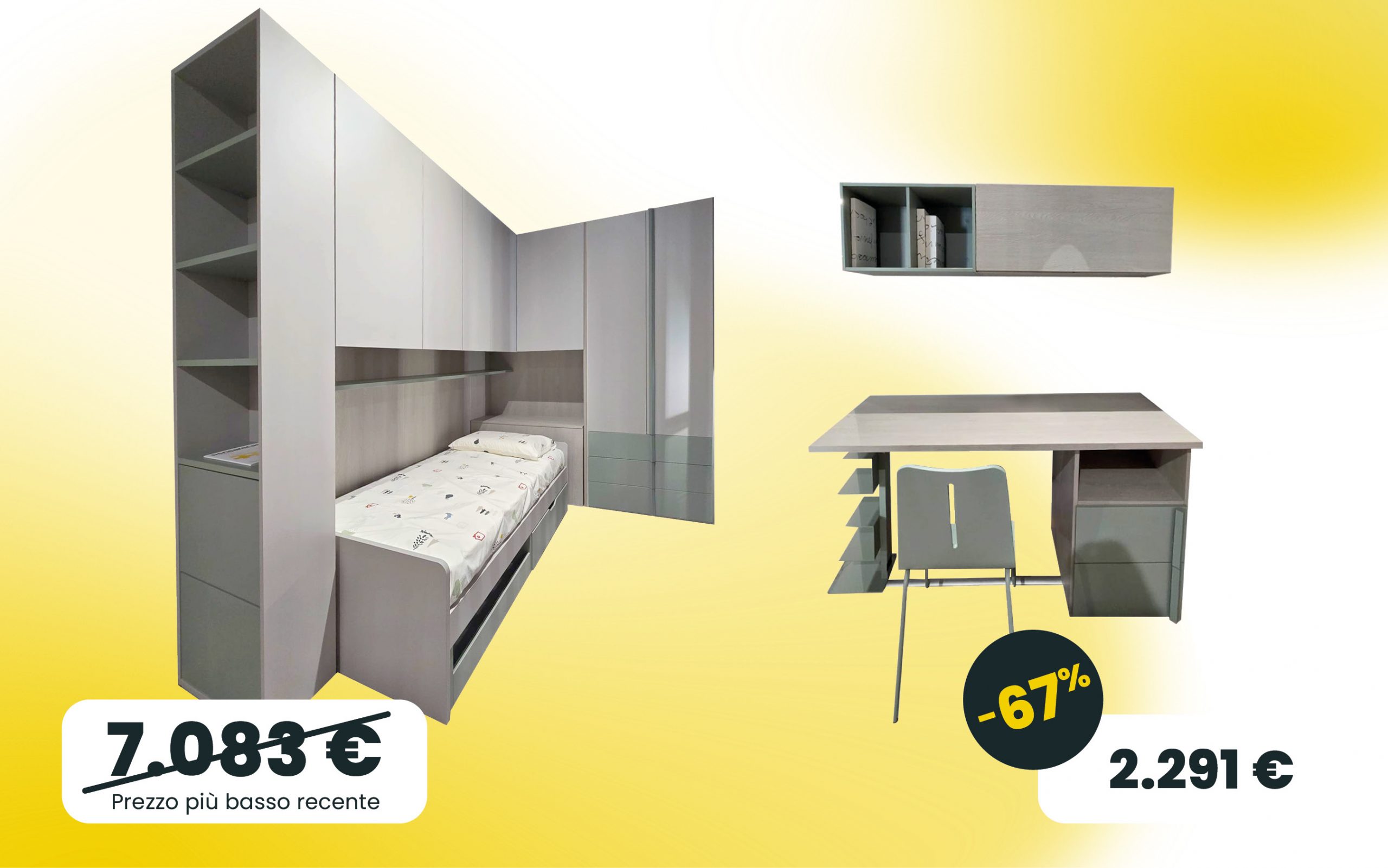 Cameretta a ponte con zona studio in Grigio seta, Agave e Rovere gessato